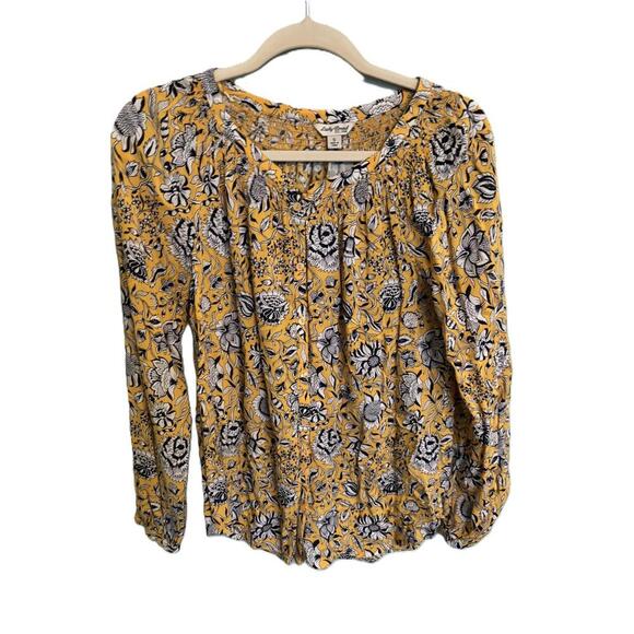 Button Down Floral Smocked Long Sleeve Yellow & Black - Picture 1 of 5